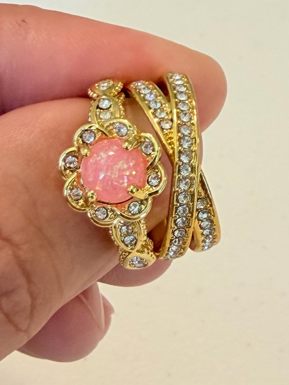 Gold Opal Floral Halo Pink Ring. - Picture 3 of 6
